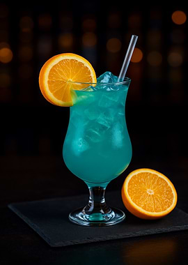 Blue Ice cocktail with orange slice garnish