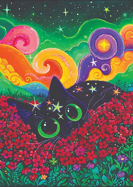The Crimson Meadow | Whimsical Cat in Floral Dreamscape