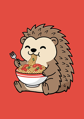 Cartoon Hedgehog Eating Spaghetti Illustration