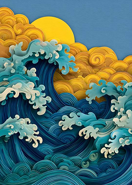 Papercut Ocean Wave with Sun