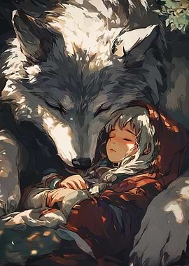 Girl Sleeping with Wolf Illustration