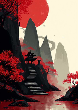 Japanese Landscape with Dragon and Temple