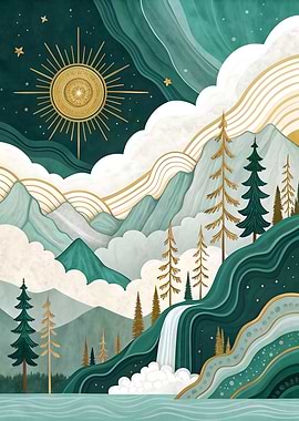 Emerald Mountain Waterfall Art Print Sunlit Nature Scene