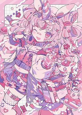 Pink Anime Girl with Unicorn Horn