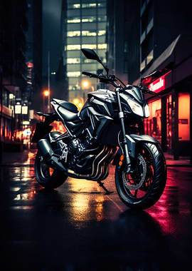Motorcycle in City at Night