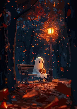 Ghost with Pumpkin on Park Bench