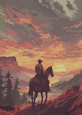 Cowboy on Horseback at Sunset