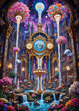 Ornate Clock Tower in Fantasy Cityscape