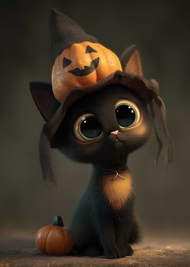 Cute Halloween Cat with Pumpkin Hat