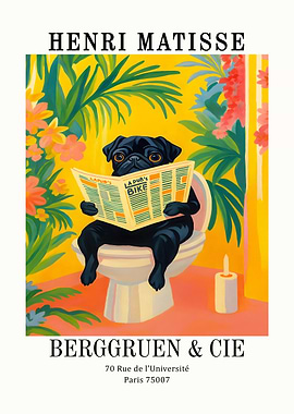 Pug Reading Newspaper on Toilet Art