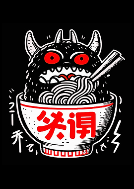 Monster eating ramen bowl illustration