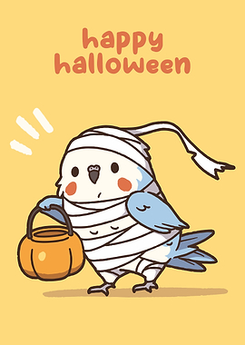 Halloween Bird Mummy with Pumpkin Basket
