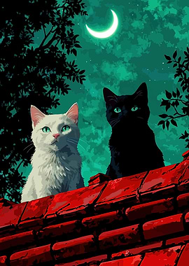 Cats on a Roof Under Moonlight