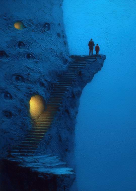 Surreal Cliffside with Figures and Eyes