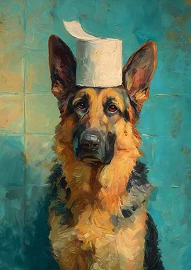 German Shepherd with Toilet Paper Hat