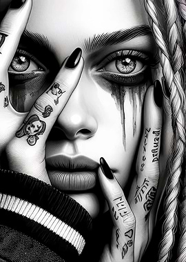 Monochrome Portrait with Tattoos and Braids