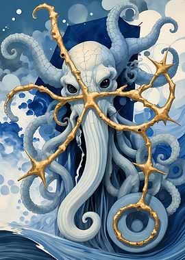 Abstract Fantasy #115 - Octopus with Golden Ornament in Blue Sea