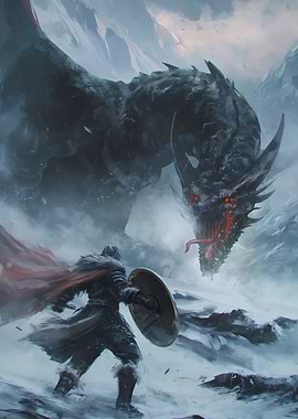 Warrior facing a dragon in snow
