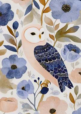 Owl in Floral Watercolor Illustration