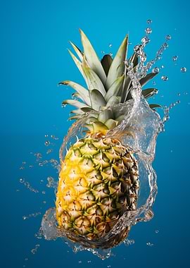 Pineapple Splash on Blue Background