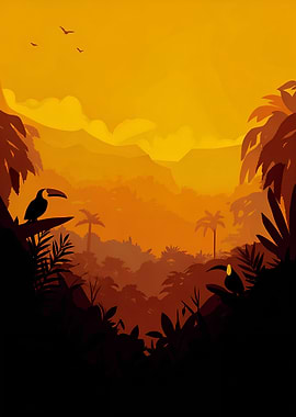 Tropical Jungle Landscape with Toucans
