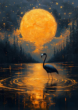Flamingo under a golden moon
