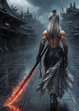 Warrior with Flaming Sword in Dark City
