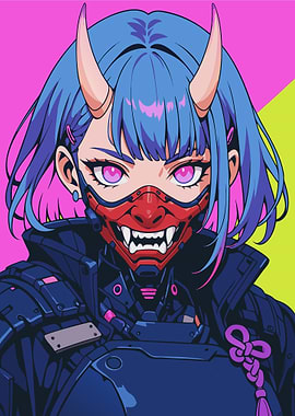 Cyberpunk Anime Girl with Oni Mask