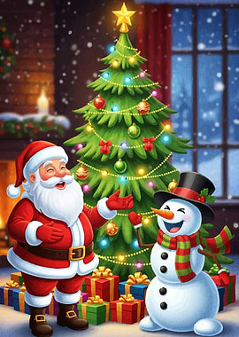 Santa Claus Snowman Christmas Scene