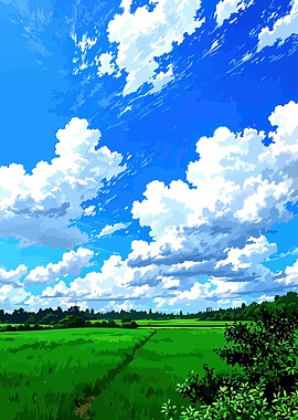 Green field under a blue sky