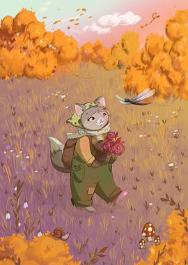 Autumn Cat with Flowers