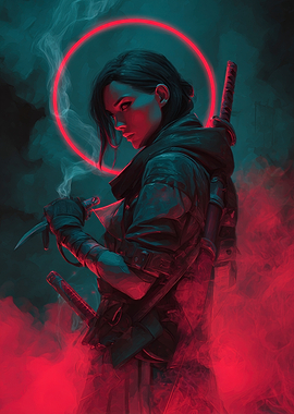 Cyberpunk Warrior with Katana and Knife