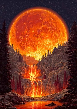 Fiery Moon Over Lava Waterfall