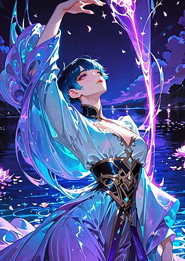 Anime Girl with Magic in Night