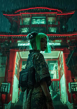 Cyberpunk Girl in Rainy Asian Cityscape
