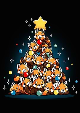 Red Panda Christmas Tree Cartoon