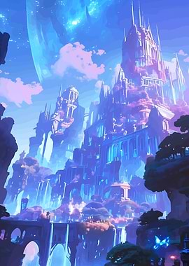 Fantasy Castle Landscape with Waterfalls