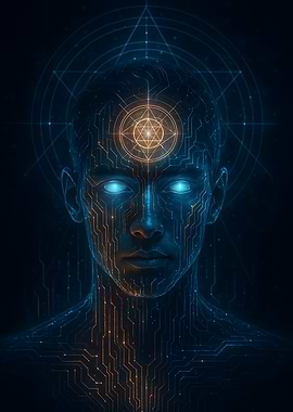 Cybernetic Seer with Glowing Third Eye and Circuitry