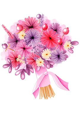 Watercolor Floral Bouquet with Pink Ribbon