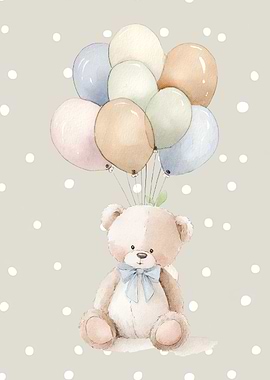 Watercolor Teddy Bear with Balloons