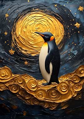 Penguin in Golden Night Sky