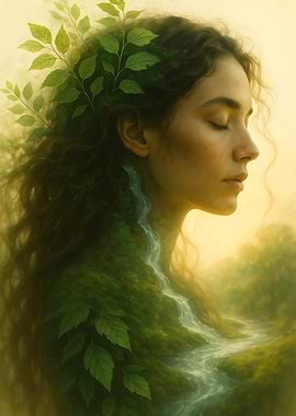 Earth Muse Portrait with Leafy Hair and Flowing River