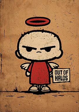 Grumpy Angel Cartoon with Out of Halos Sign