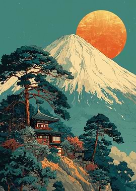 Japanese Landscape with Mountain and Temple