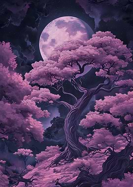 Pink Trees Under a Full Moon