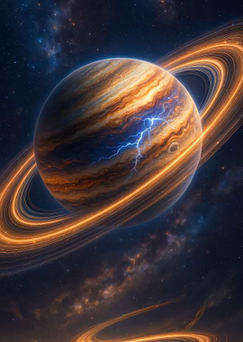 Ringed Planet with Lightning in Space