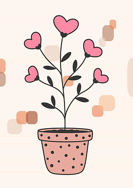 Heart Bloom Potted Plant, Cute Minimal Illustration