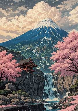 Mount Fuji with Cherry Blossoms Sakura Japanese Traditional Art