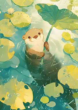 Otter in the Rain with Lilypad