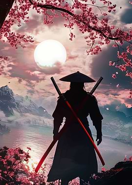 Samurai Silhouette with Cherry Blossoms